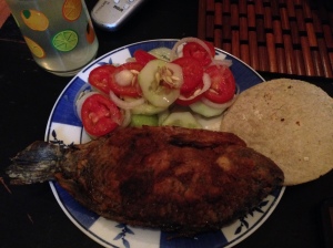 Another one of the meals we cooked up. Fried bass with salad and tortillas