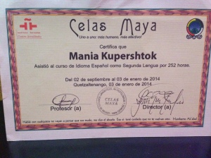 My graduation certificate from Celas Maya! - 252 hours!